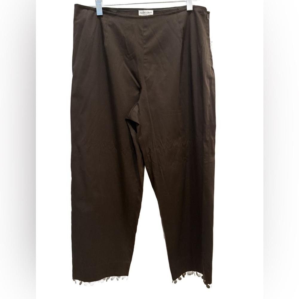 Andre Oliver brown ladies Capris pants with Embellished hem . Size 12